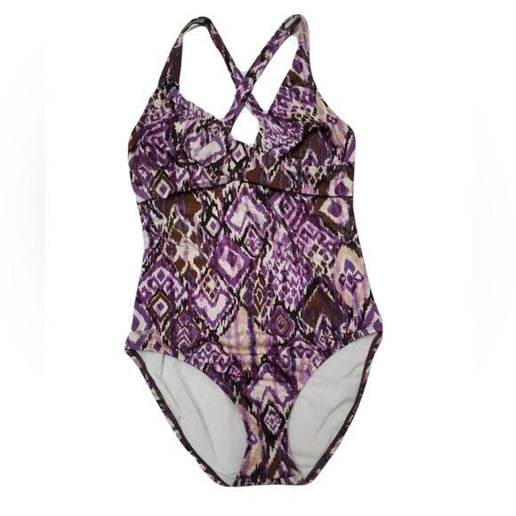 Speedo Purple and White One Piece Swimsuit Geometric Design size 12 - Picture 1 of 10